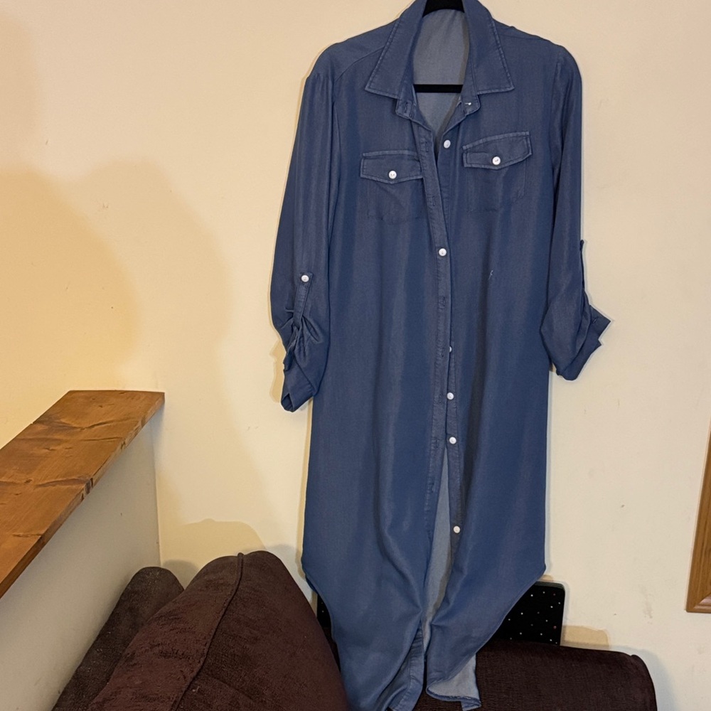 Blue Button-Up Long Shirt Dress